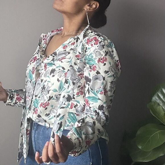 Vintage ACT III Button Up Blouse Tie Neck Secretary Floral Print Women’s Size L - Picture 10 of 12